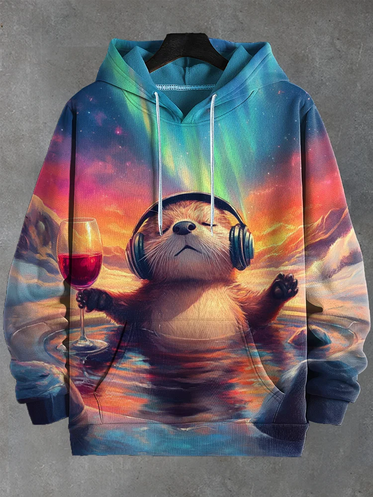 Men's Otter Enjoying Music Aurora Art Print Casual Hoodie
