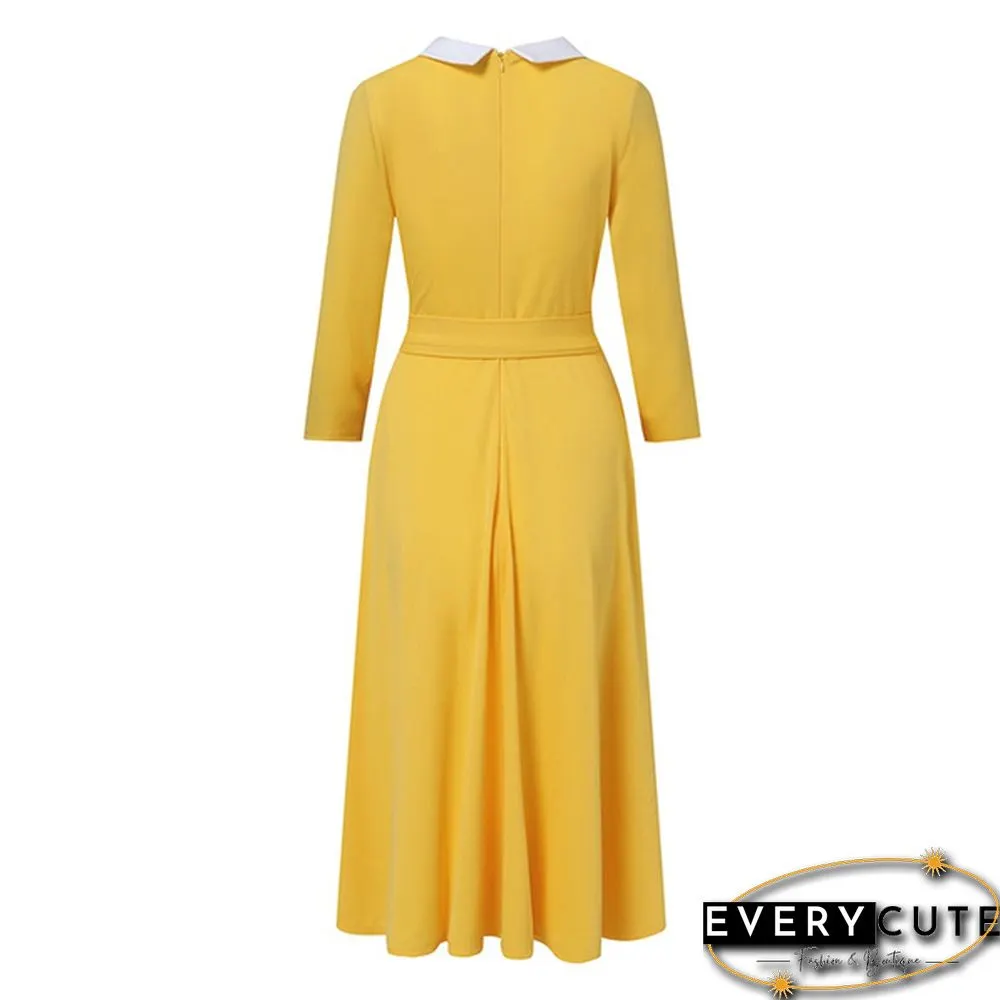Womens Full Sleeved Autumn Belt Solid Slim Party Side Pockets Retro A-Line Pleated Long