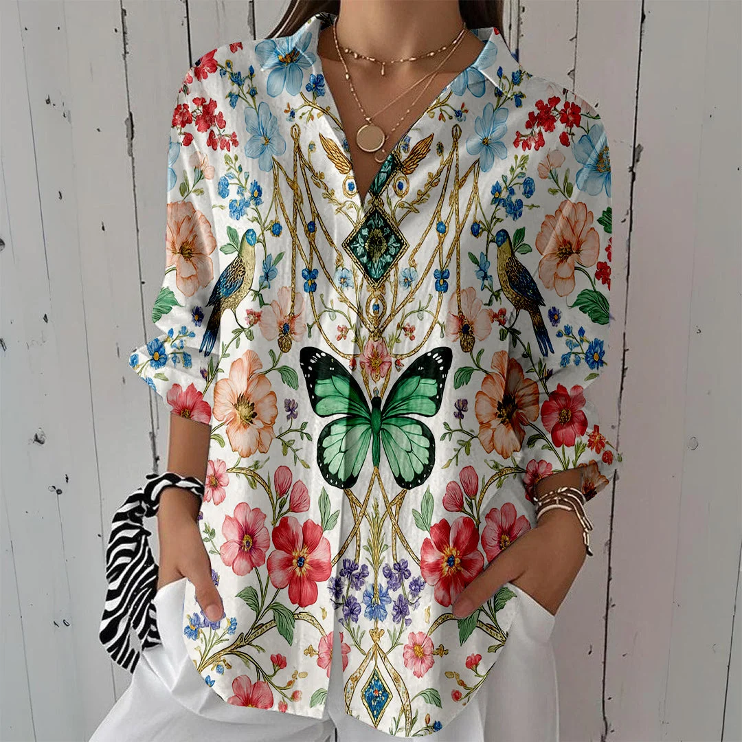 Style & Comfort for Mature Women Women Floral,Butterfly,Blue,Red DZCL0258 3/4 Sleeve Shirt Collar Printed Button Tops
