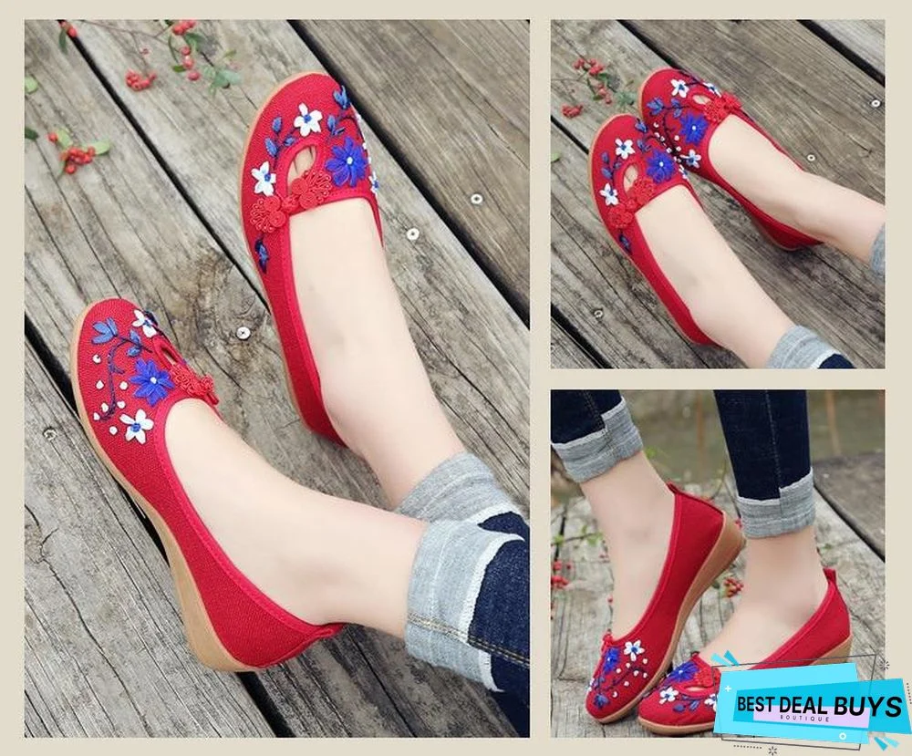 3D Flowers Women Linen Slip On Ballet Flats Breathable Fabric Shoes