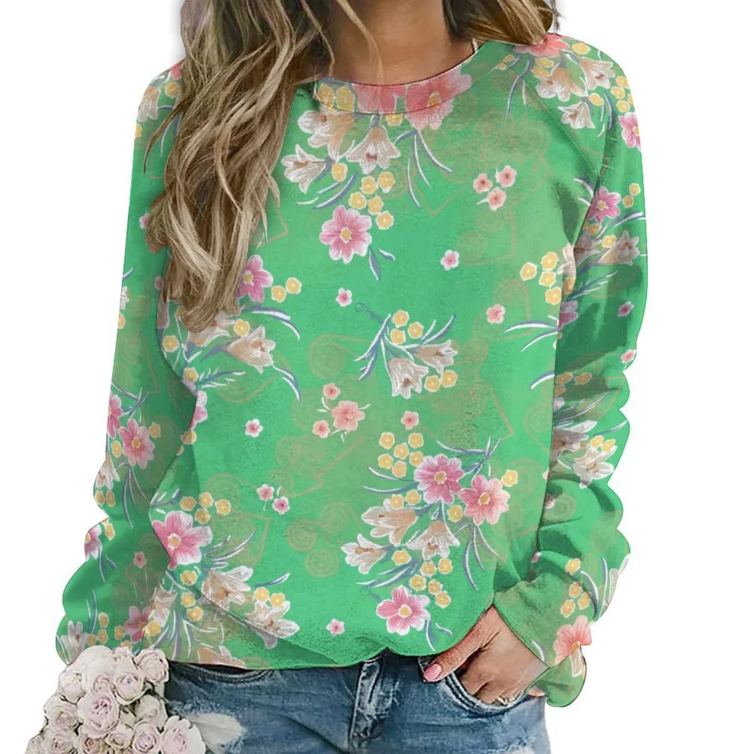 Printed Long Sleeve Casual Sweatshirt for  Women and Men Unisex Pattern Green, Red, Floral