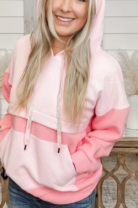 Pink waffle texture hooded sweatshirt