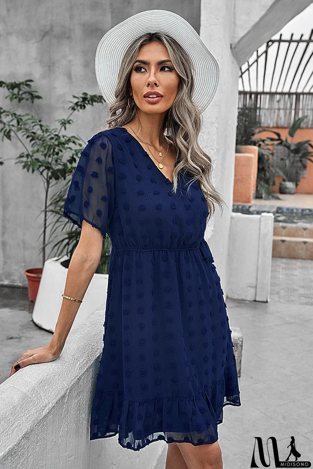 MidiSono - Wrap V Neck Swiss Dot Mini Dress with Ruffles