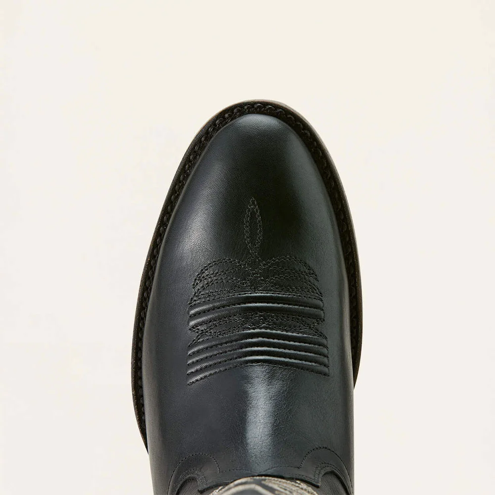 Black Round Toe Chunky Heel Mid Calf Western Boots with Embroidered