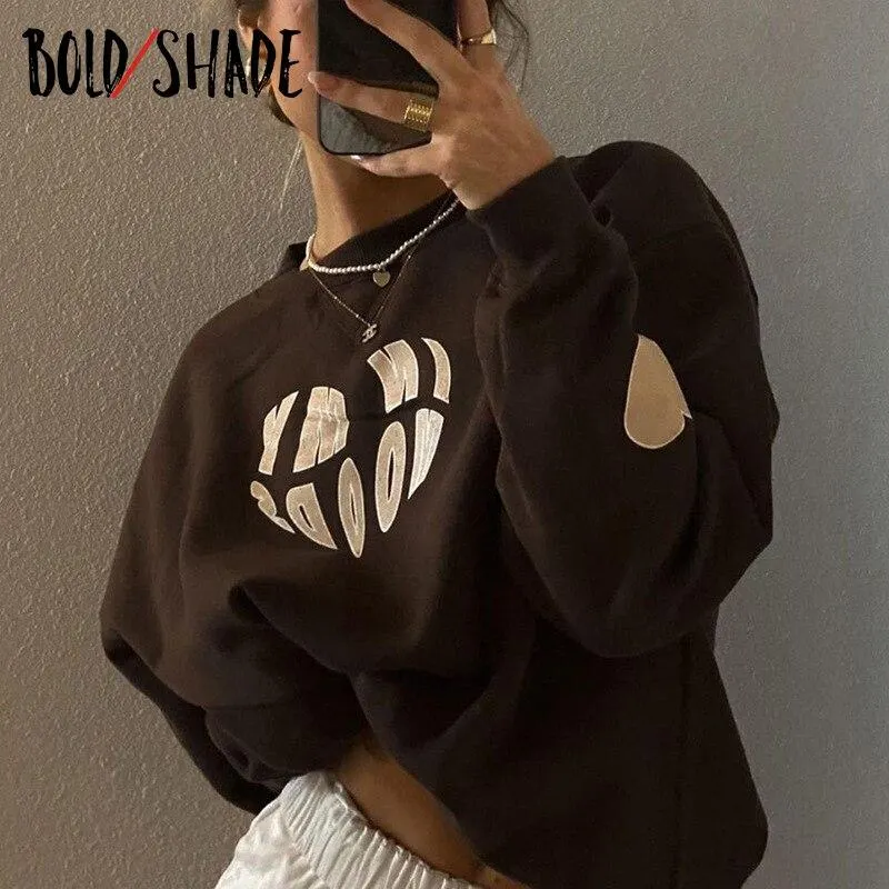 Bold Shade Heart Printed Brown Hoodies Fairy Grunge 90s Style Streetwear Loose Sweatshirts Women Indie Vintage Fashion Y2K Tops