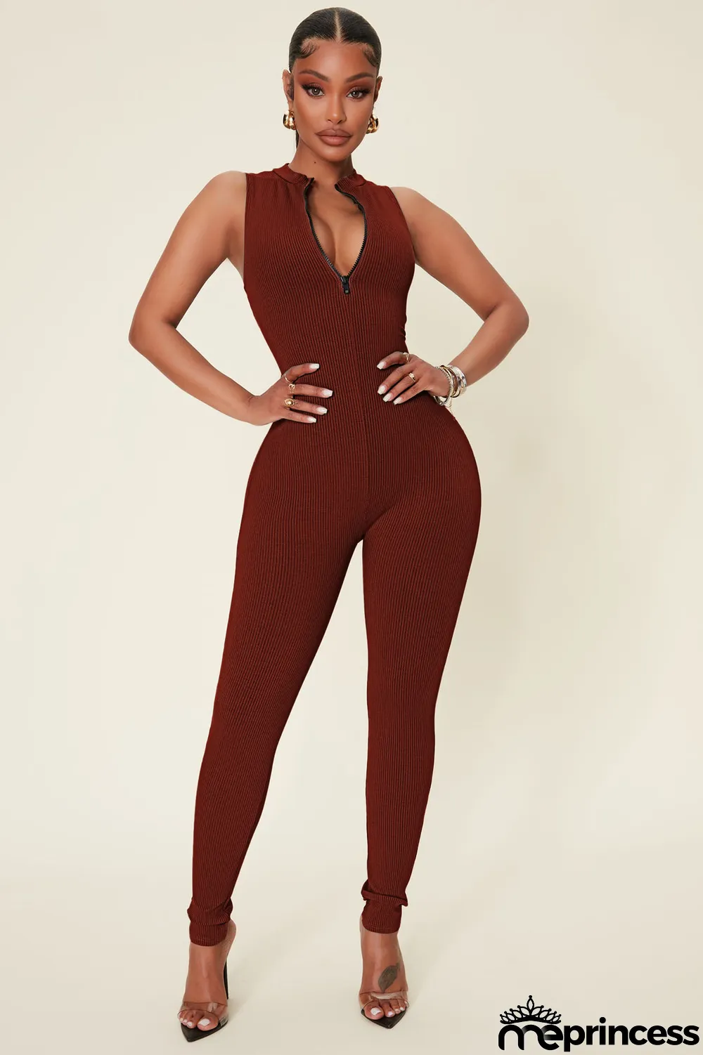 Women Spring Casual Ribbed Sleeveless Zip Jumpsuit