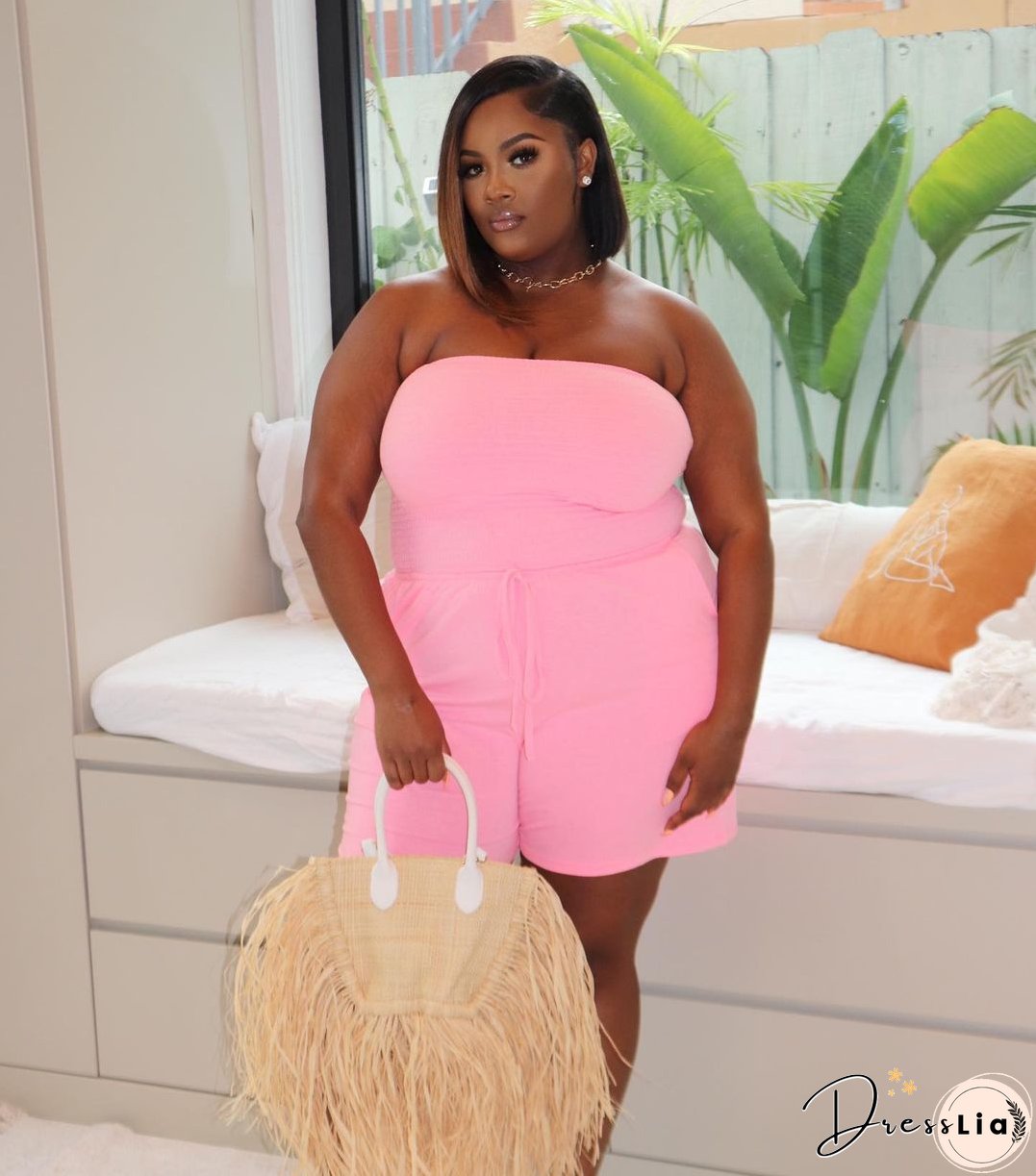 Women's Solid Strapless Plus Size Casual Jumpsuit