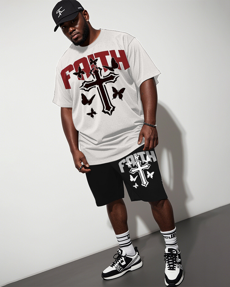Men's Plus Size White Cross Butterfly Faith Letter Print Short Sleeve T-Shirt Shorts Suit