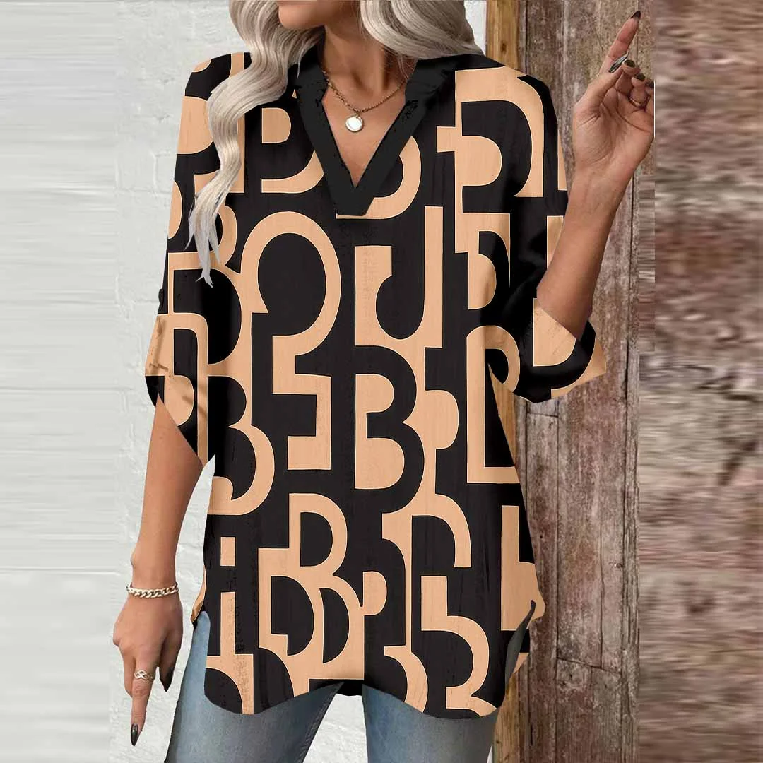Women Geometric, Black, Brown DZGA0373 3/4 Sleeve V-neck Printed Graphic Button Tops