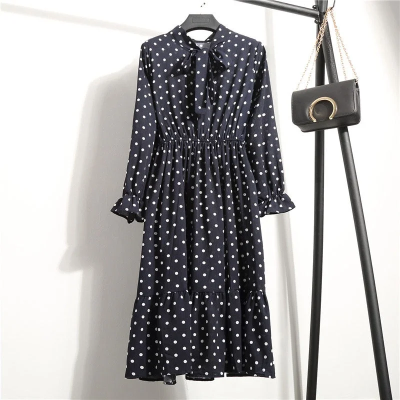 Autumn Chiffon Shirt Dresses Long Sleeve Polka Dot Plaid Office Vintage Dress 2022 Women Summer Casual Midi Floral Dress Vestido