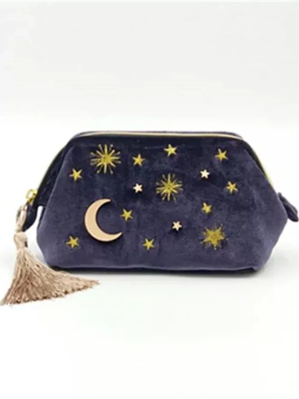 Chic Cute Velvet Star Moon Embroidered Fringed Handbag-mysite
