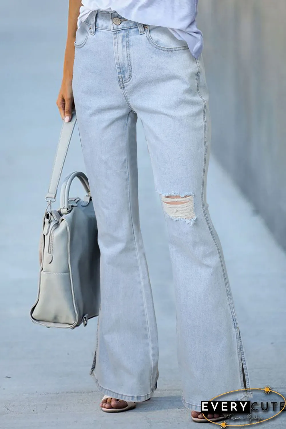 Sky Blue Black Ripped Slit Legs Flare Jeans