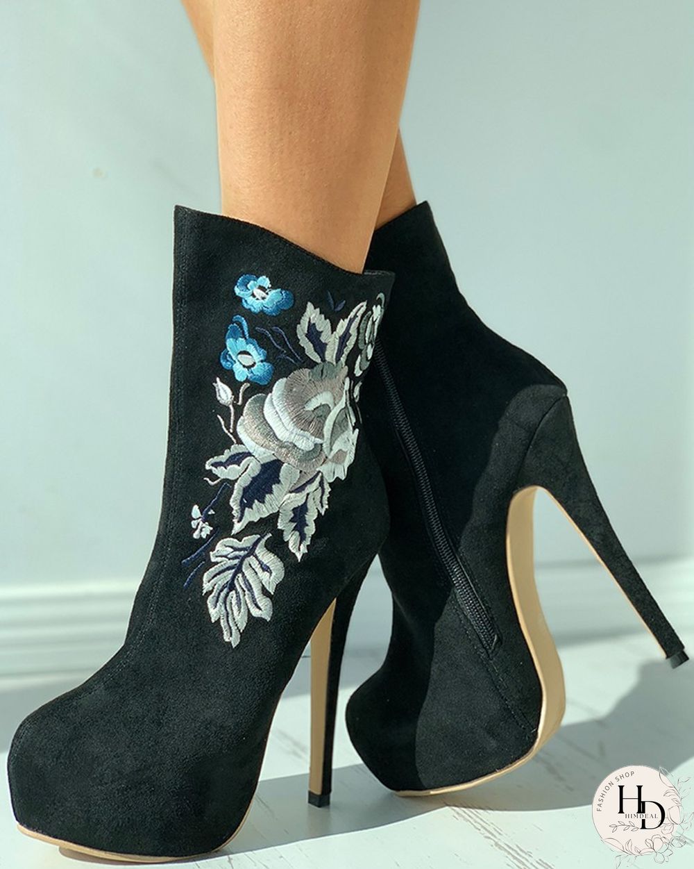 Floral Embroidery Suede Stiletto Heel Boots