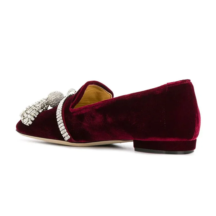 Burgundy Velvet Rhinestone Ornament Flat Loafers for Women |FSJ Shoes