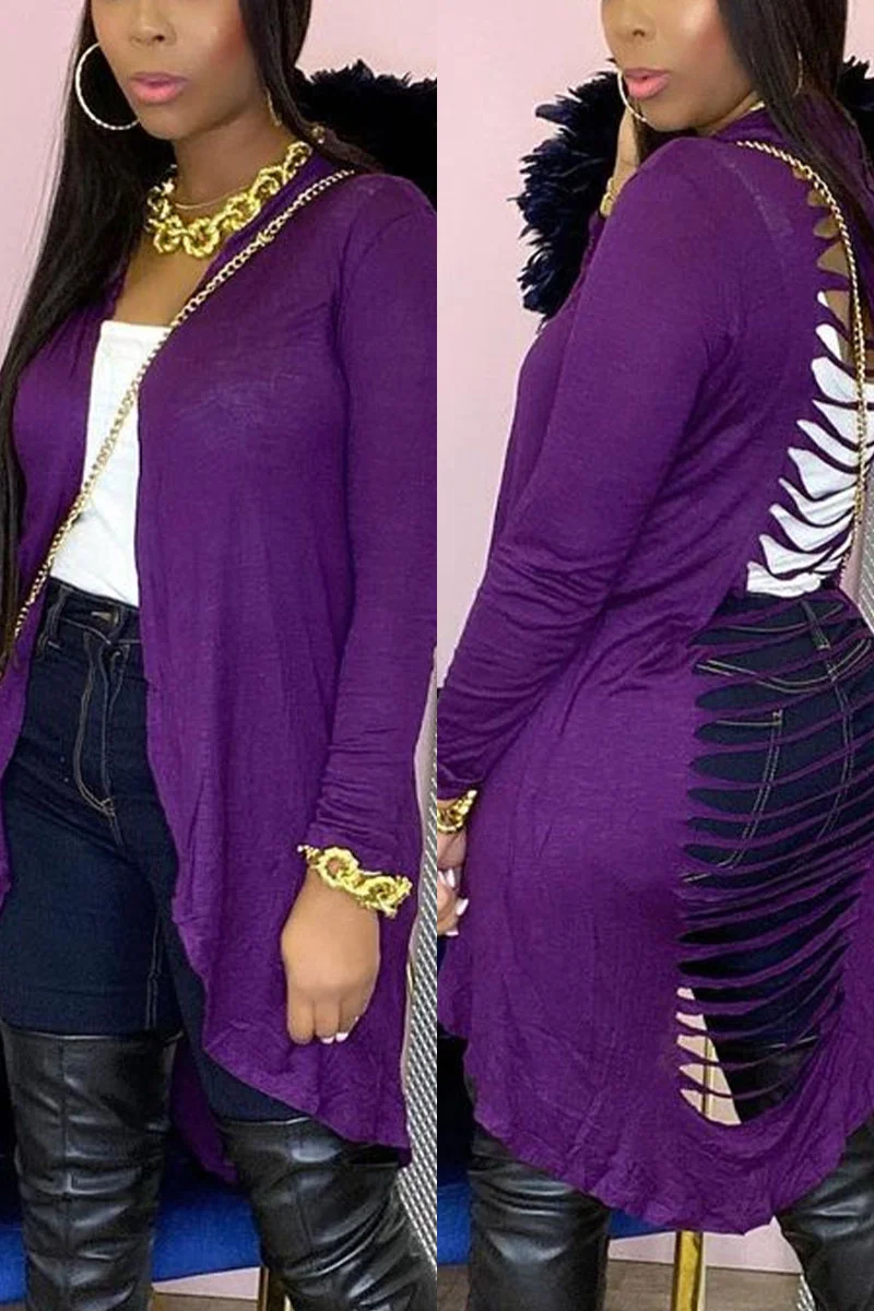 Purple Sexy Solid Hollowed Out Hooded Collar Outerwear | EGEMISS