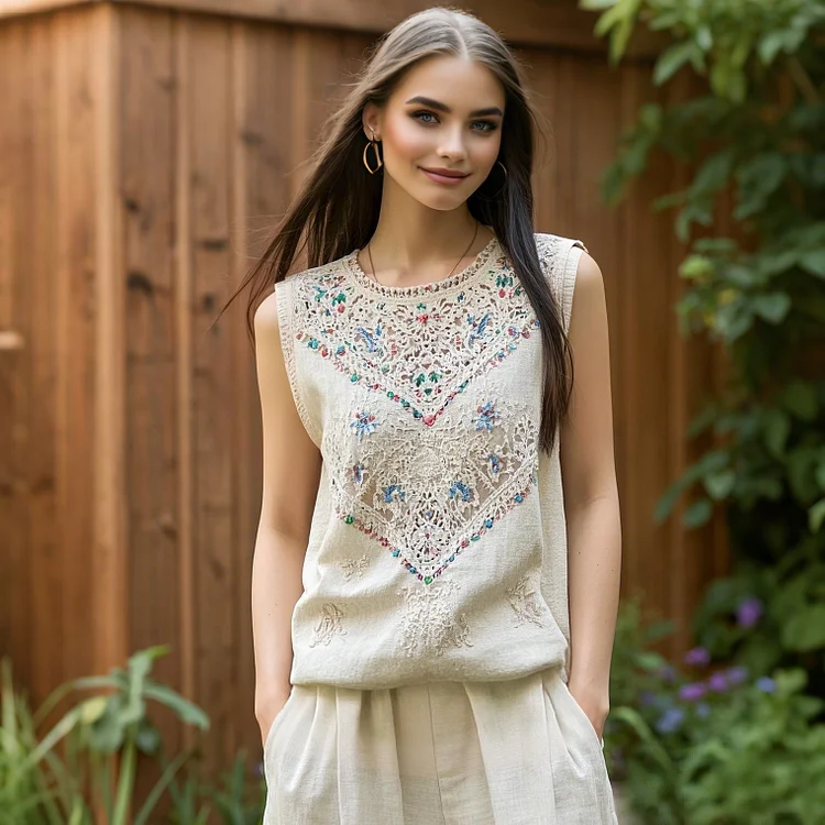 Utbros Vintage Bohemian Cutout Linen Vest
