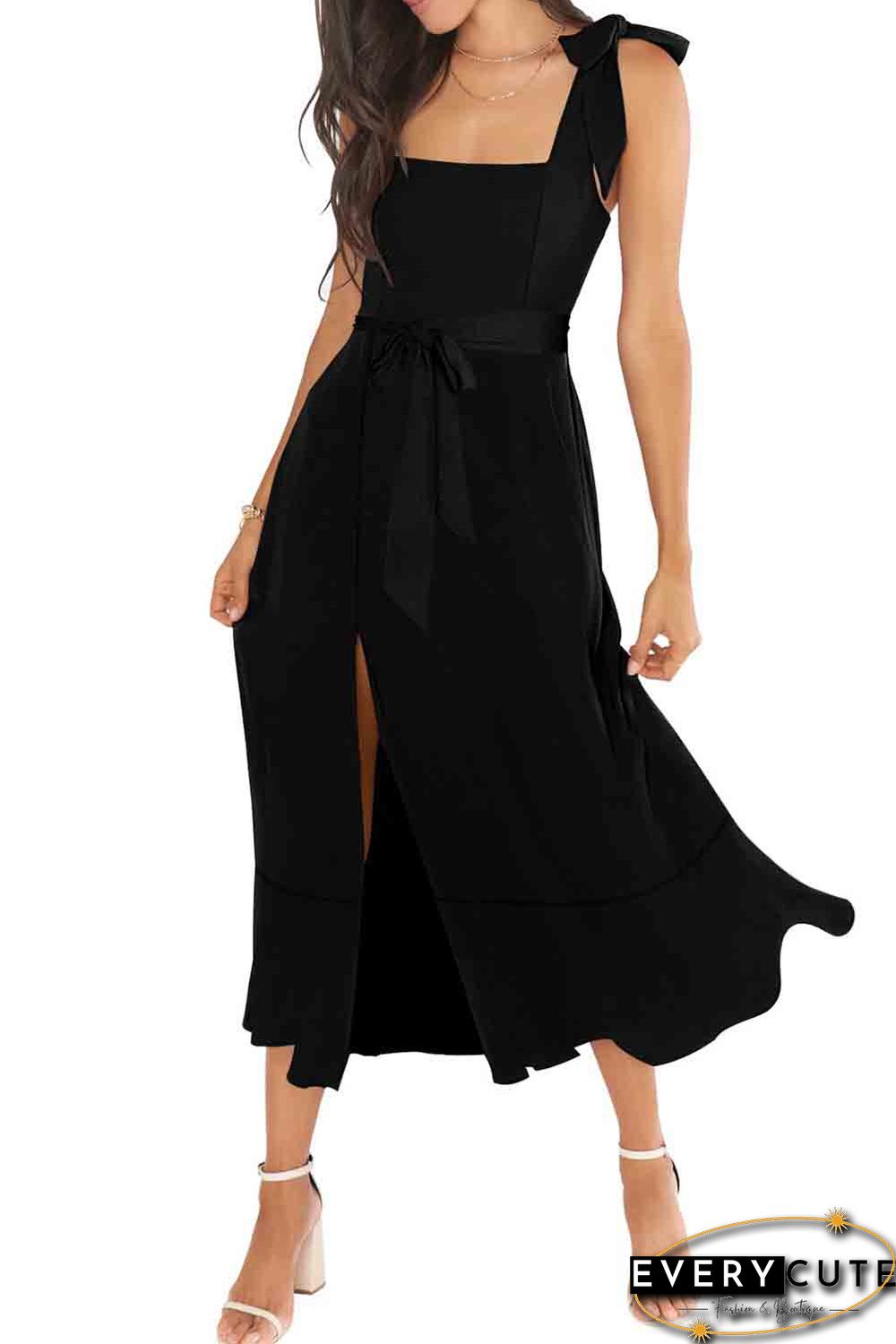 Black Tie Shoulder Smocked Back Side Slit Maxi Dress