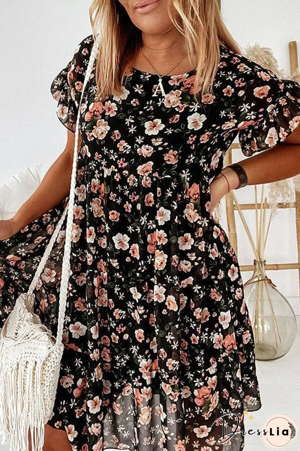 Floral Print Ruffle Sleeve Dress