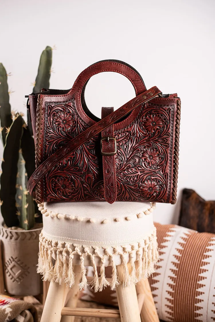 The Remington Tooled Leather Purse - Mahogany