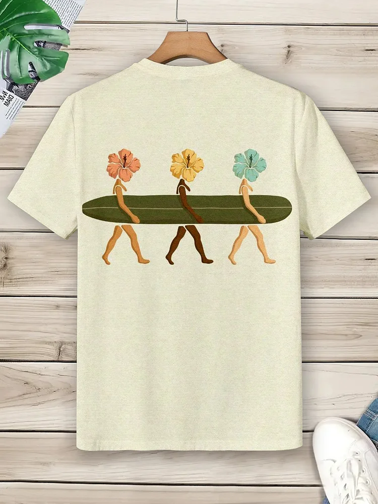 Men's Vacation Surfing Abstract Flowers Print Cotton Casual T-Shirt