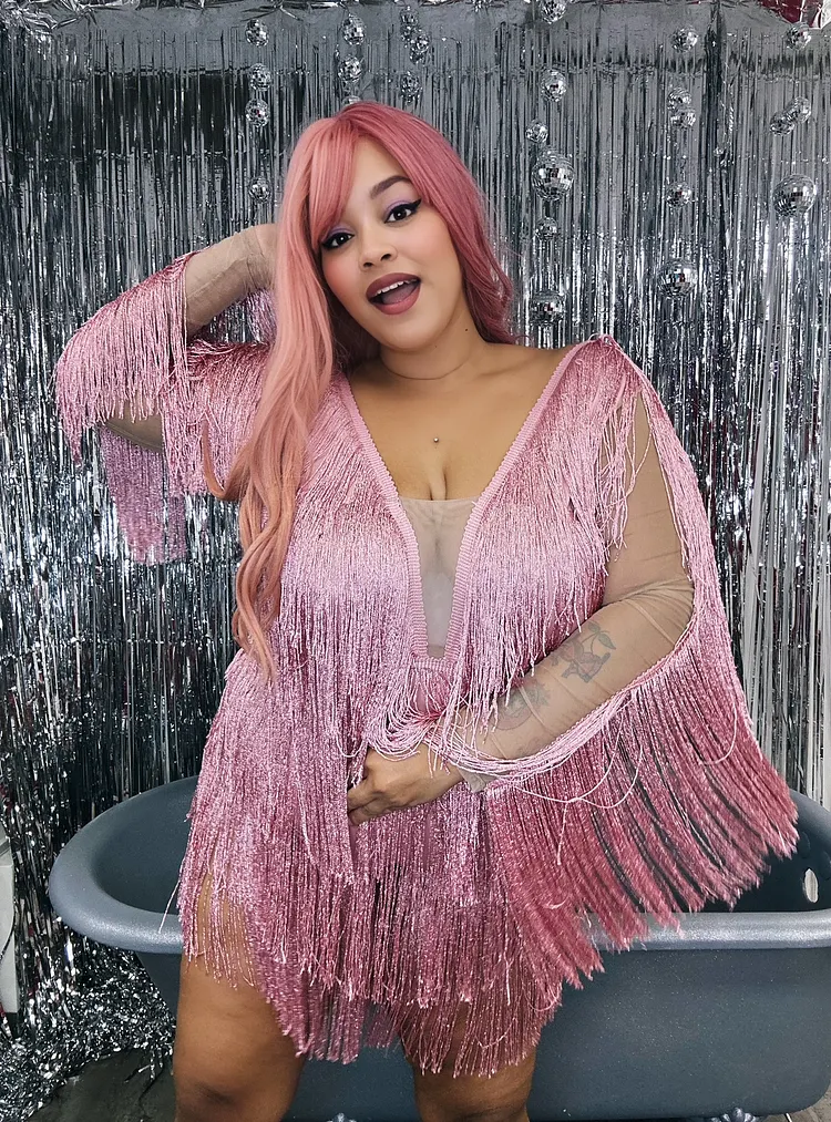 sequin fringe v neck backless mini dress Xpluswear Plus Size Party Sequin Fringe V Neck Backless Bodysuit Mini Dress