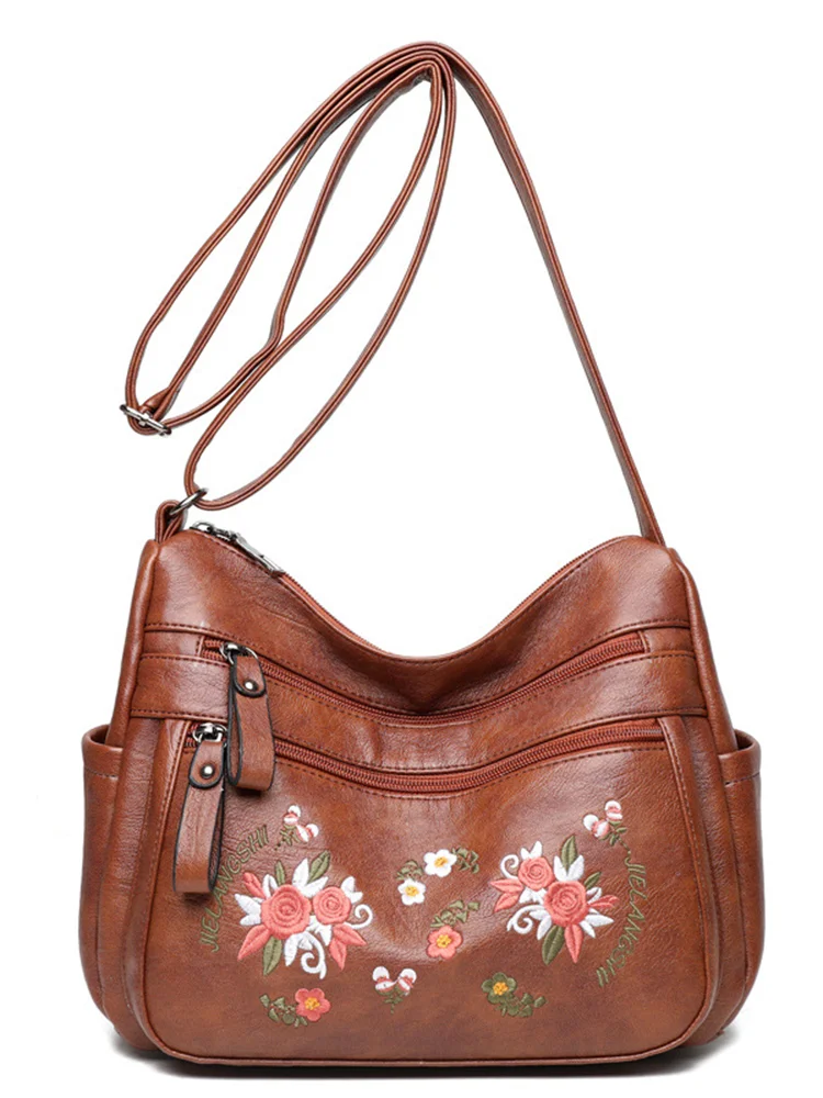 Floral Embroidered Soft Leather Crossbody Bag