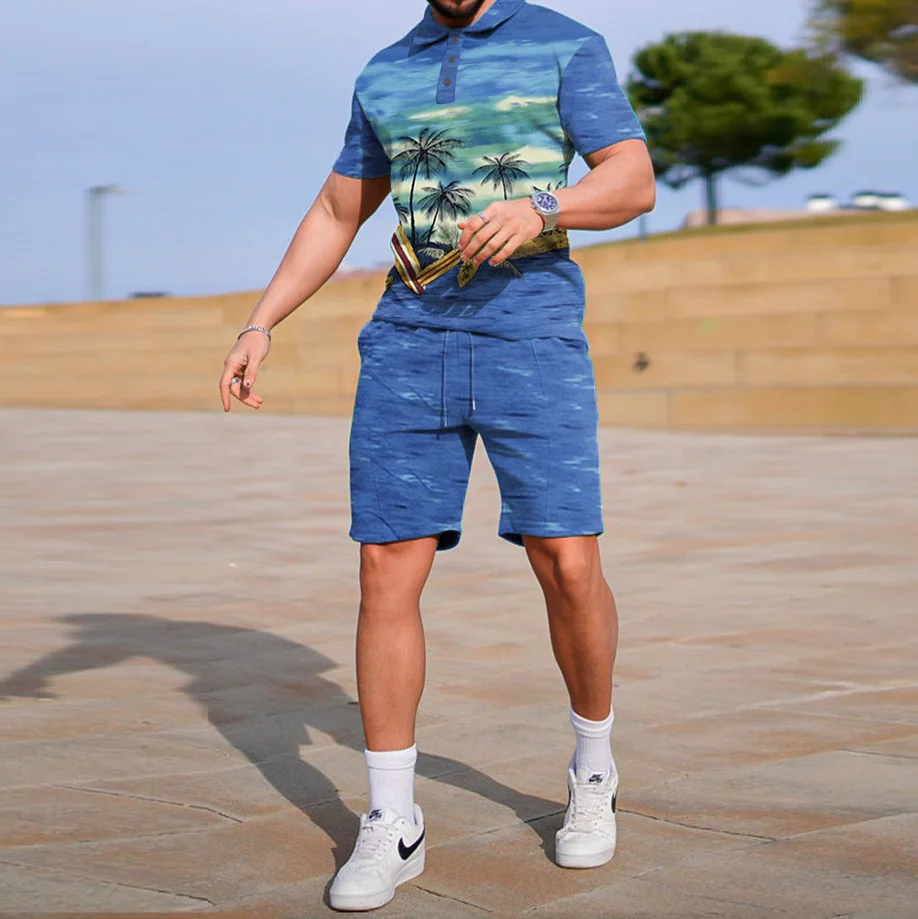 Coconut tree print casual lapel polo shirt set