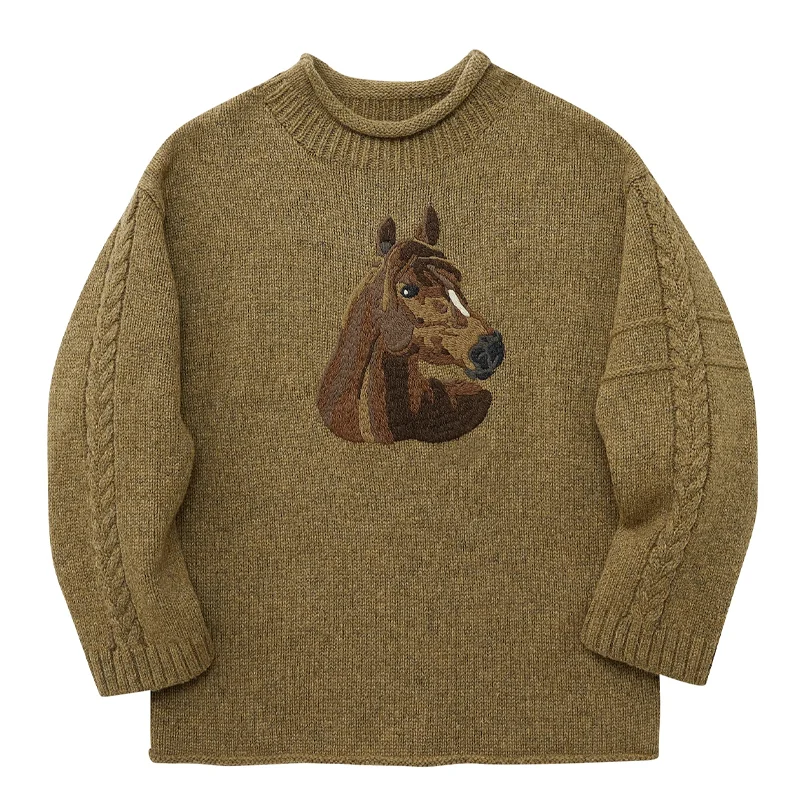 American Thick Needle Pure Wool Hand-embroidered Horse Head Sweater