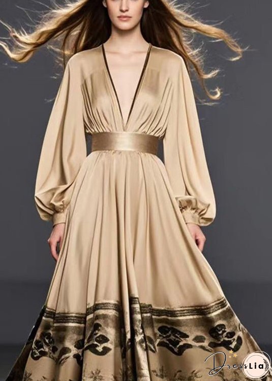 Women Golden Cinched Print Silk Maxi Dresses Fall