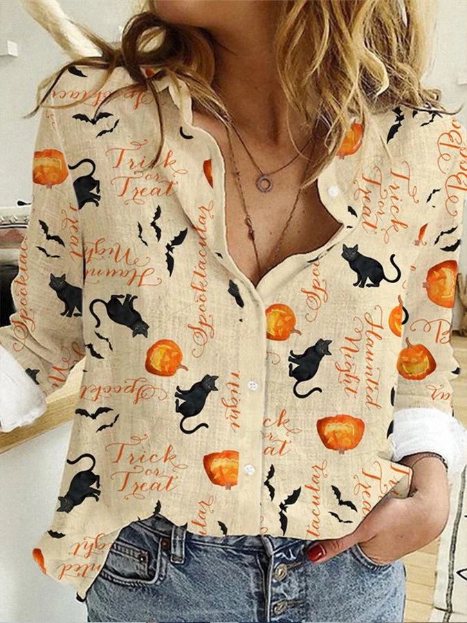 Women's Halloween Pumpkin Black Cat Print Shirt