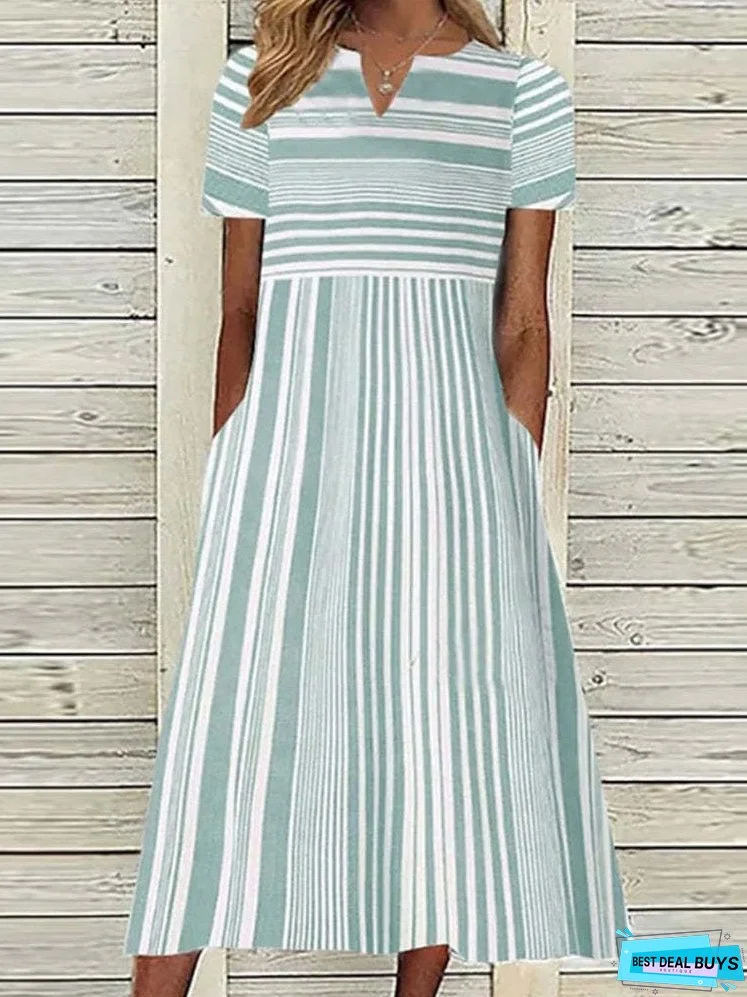 Women Short Sleeve Maxi Dress V-neck Striped Dress