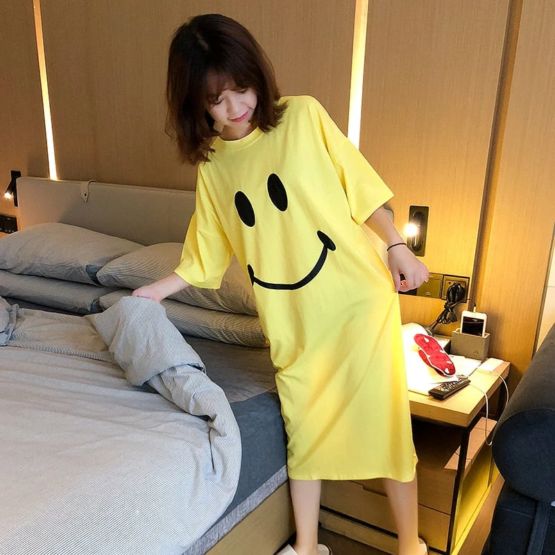 Sleepwears Happy Smile Face Pattern O Neck Short Sleeves Home Plus Size Cotton  Nightowns for Women One Piece Sleepshirts