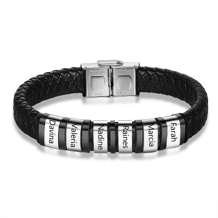 Men Leather Bracelet with 6 Beads Engraved Names Custom Bracelet For Dad