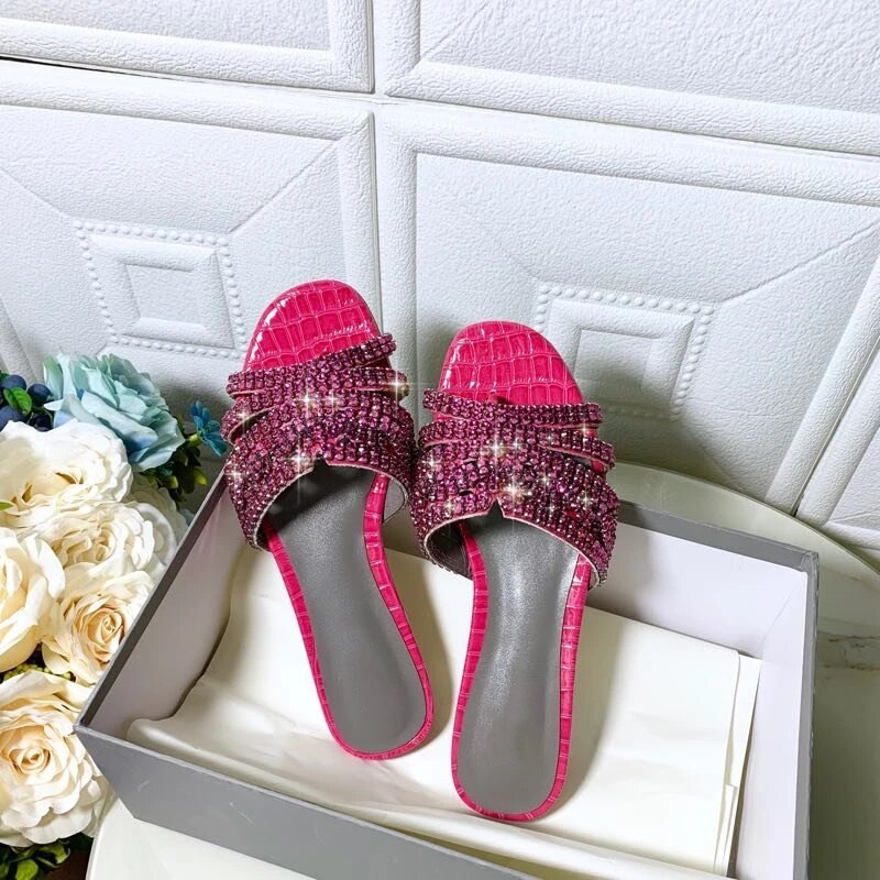 VCSHOES Rhinestone Runway Slippers Women Genuine Leather Stone Grain Flip Flops Crystal Flat Shoes Woman
