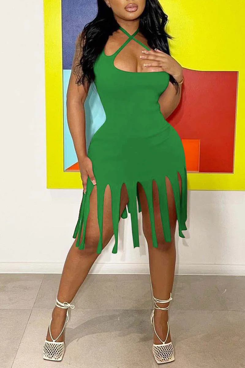Green Sexy Solid Tassel Patchwork Pencil Skirt Dresses | EGEMISS