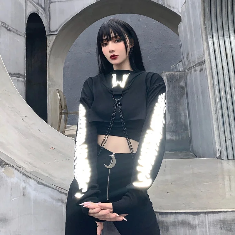 Helloween Big Sale Billlnai Gothic Autumn Women Black Hoodies Harajuku Reflective Print Long Sleeve Hoodies Punk Streetwear Metal Chain Crop Tops