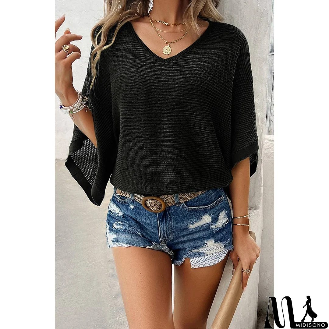 MidiSono - Solid V Neck Knit Loose Fit Bat Sleeves Top