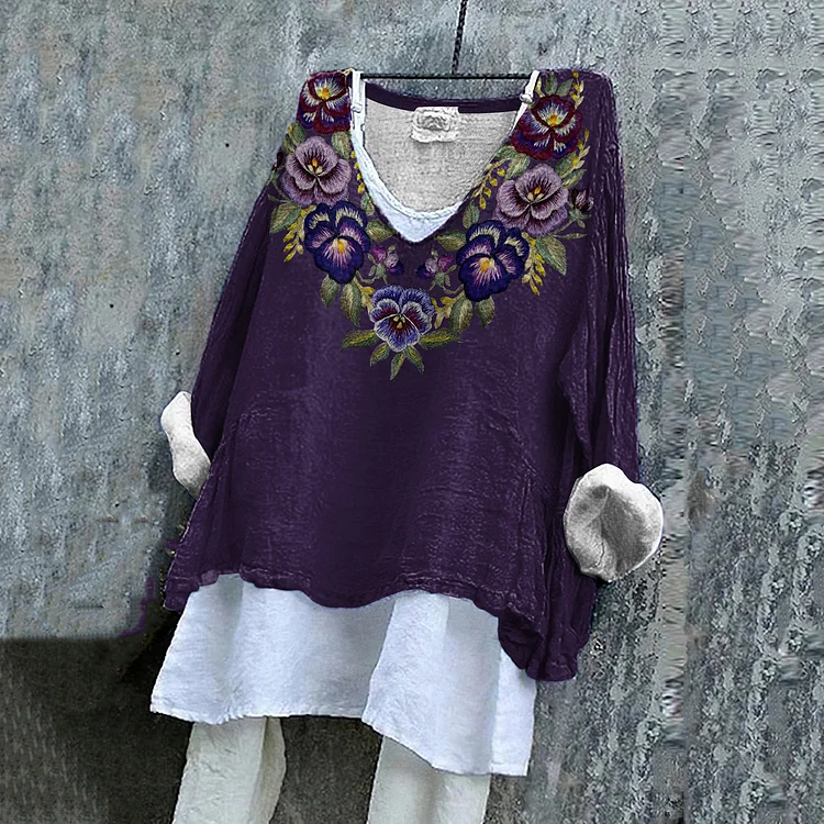Women's Purple Flower Print V Neck Casual Shirt