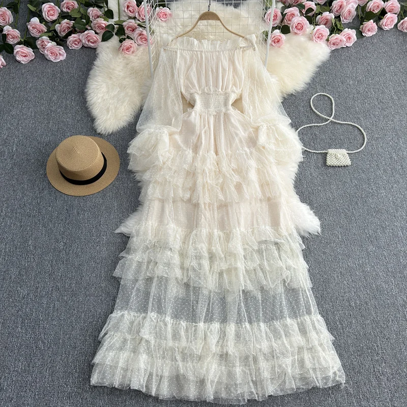 Zingj Zingj Super Fairy One Word Shoulder To Shoulder Waist Show Thin A Word Flounce Cake Gauze Dress Elegant Dress