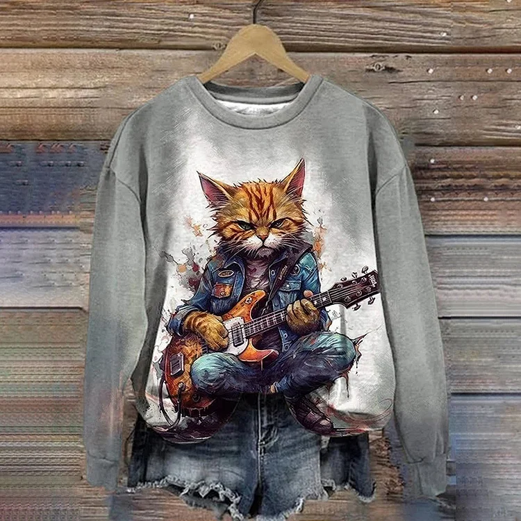 Comstylish Music Cat Casual Print Sweatshirt