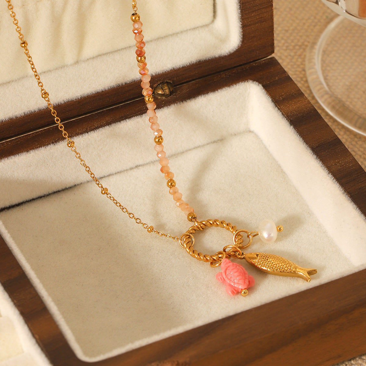 Summer Ocean Style Titanium Steel Necklace Niche Design Turtle Pearl Goldfish Pendant Stainless Steel Clavicle Chain