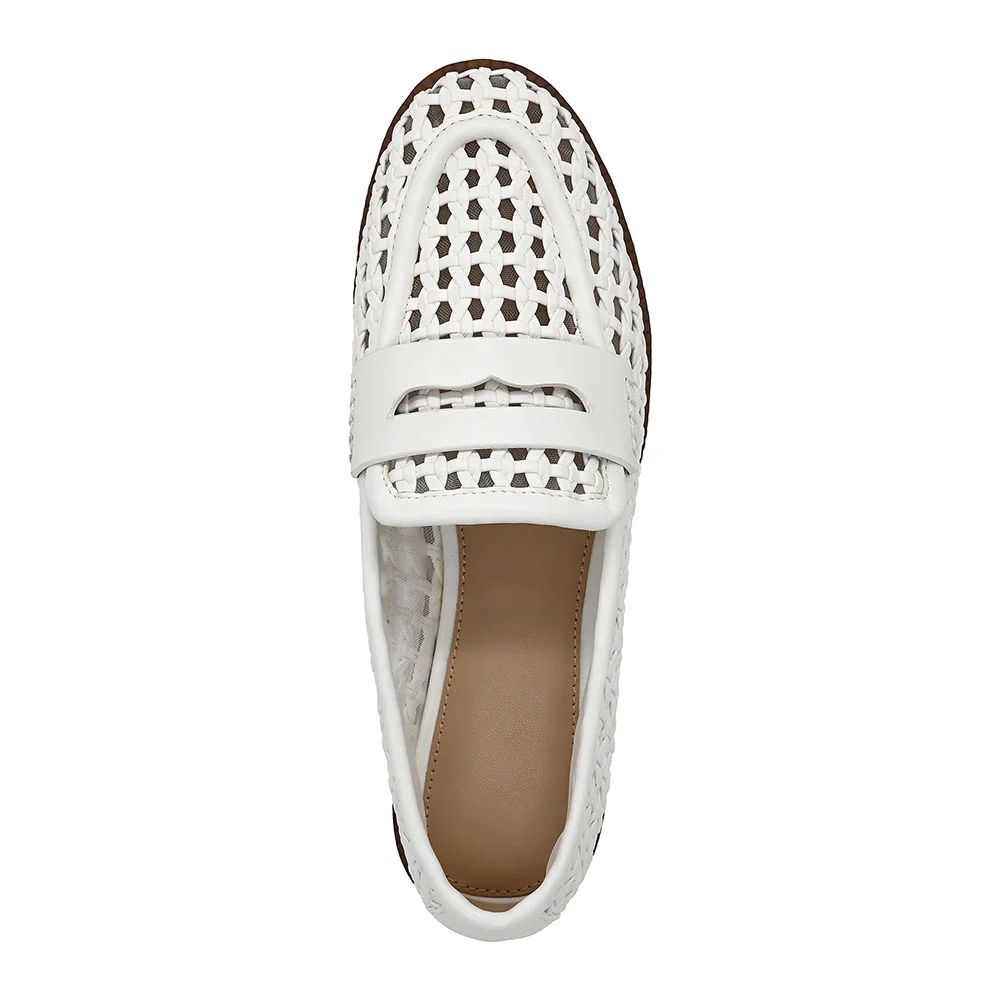 White Round Toe Flat Braid Mesh Penny Loafers Women with Cut Out