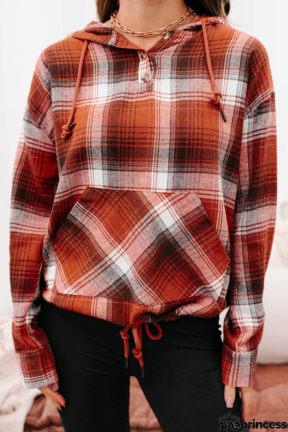 Plaid Print Pocketed Hoodie