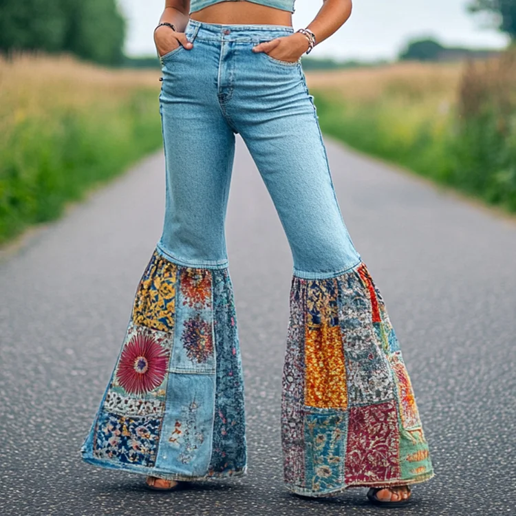 Ursime High Rise Floral Pattern Patchwork Denim Bell Bottom Jeans