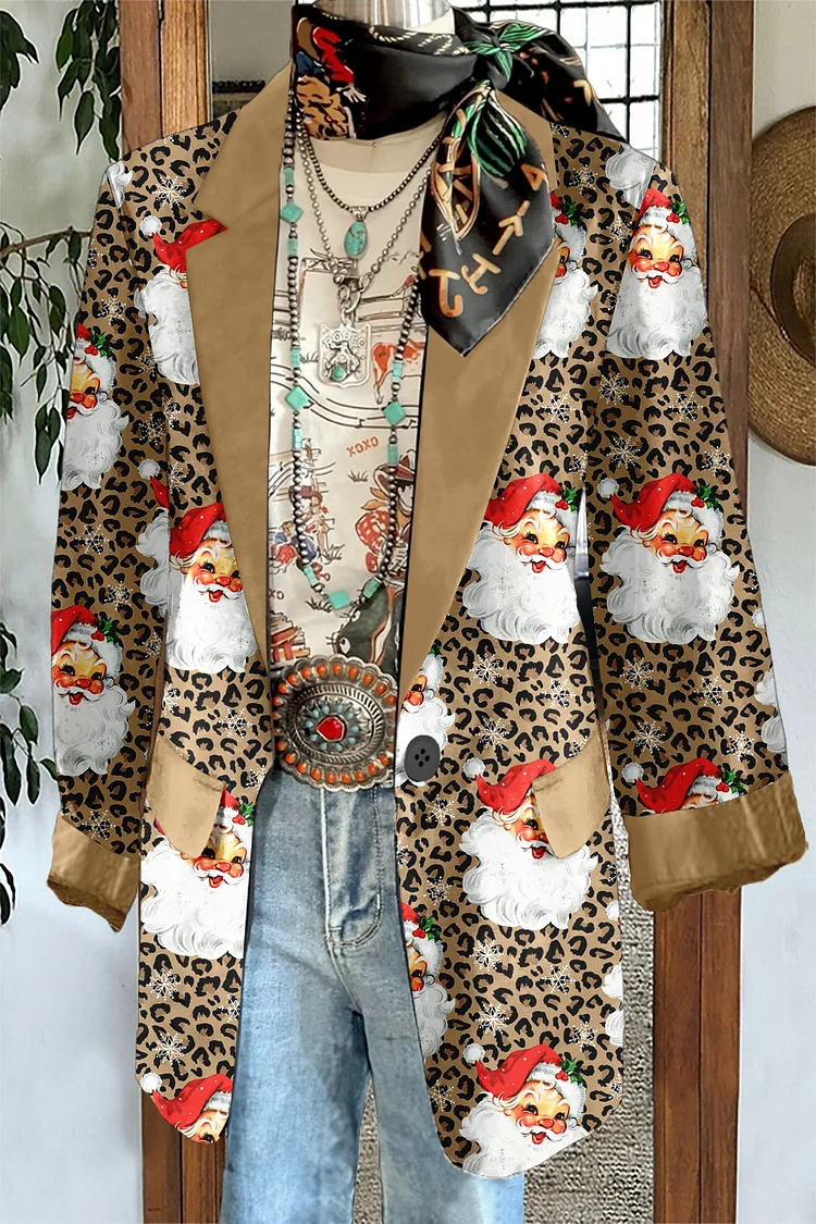 Classic Christmas Santa Print Long Sleeve Blazer socialshop