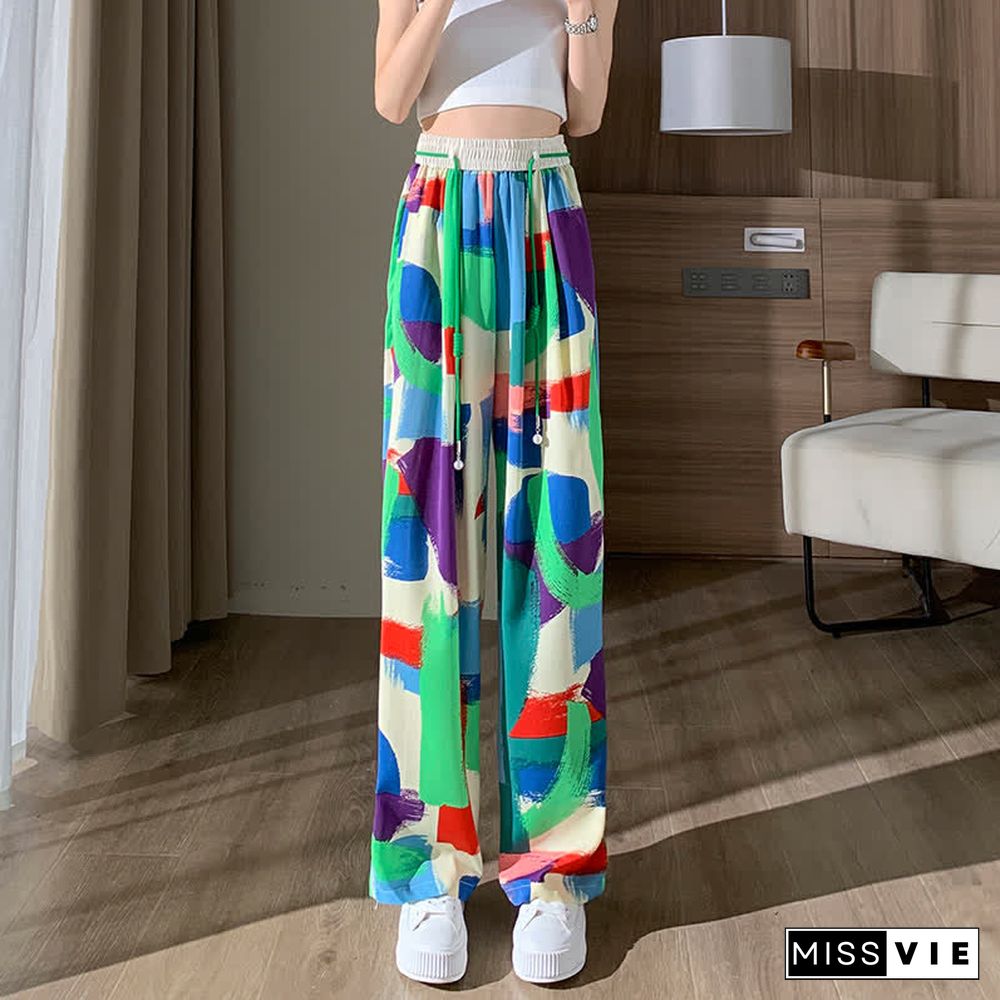 Colorblock High Waist Wide Leg Casual Pants