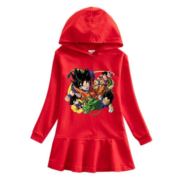 Dragon Ball Print 2-9 Years Girls Long Sleeve Hooded Cotton Dress-Mayoulove