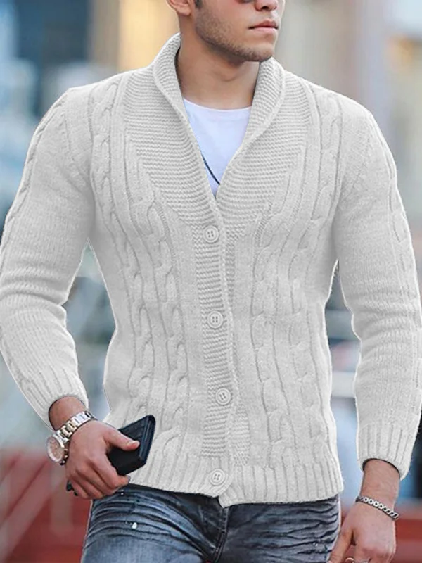 Men's Cable Knit Shawl Collar Button Loose Fit Long Sleeve Cardigan