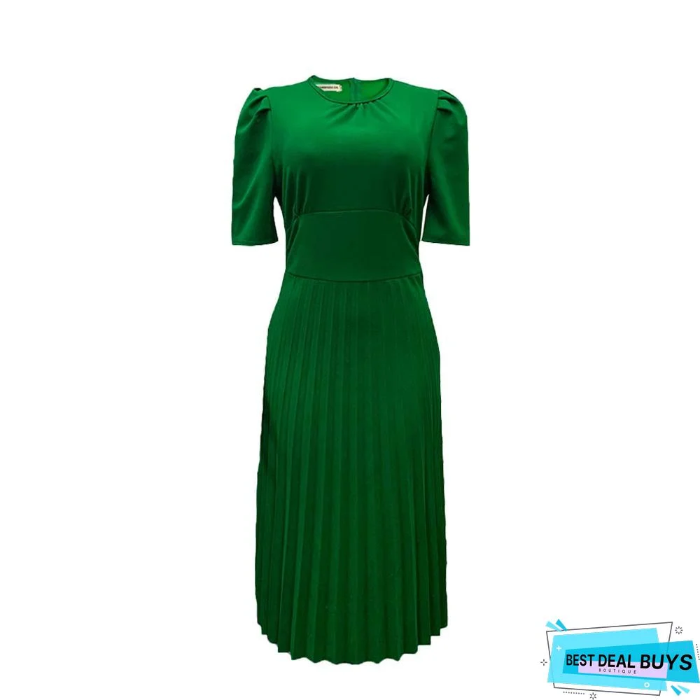 Short Sleeve Pleated Solid Color Plus Size Dress