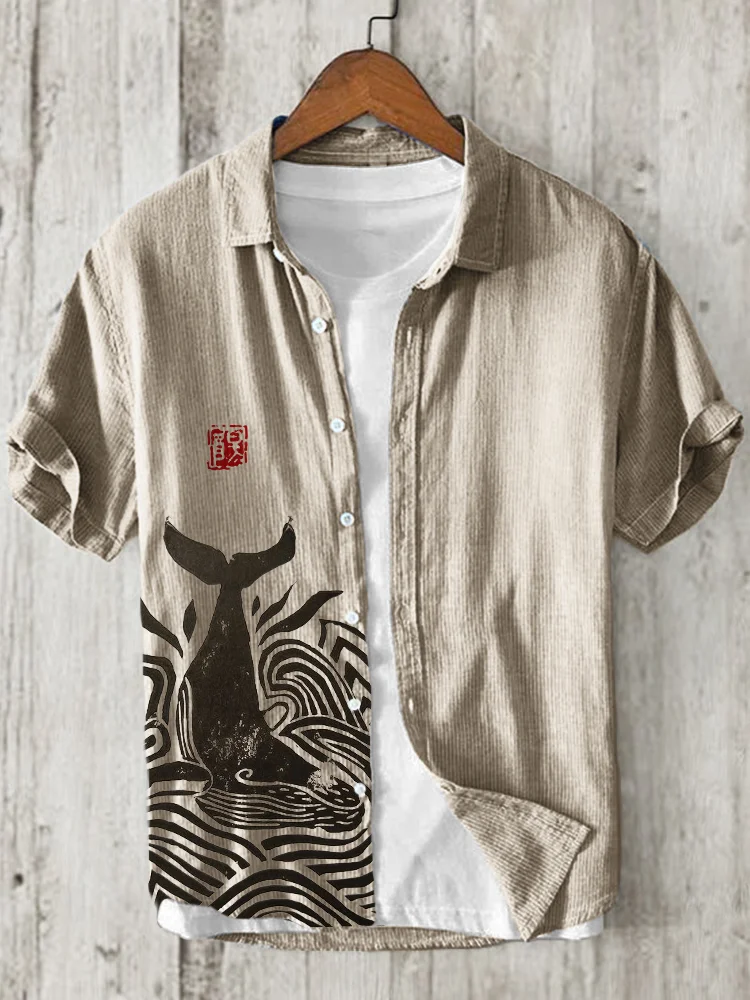 Whale Dive Sea Waves Lino Art Linen Blend Shirt